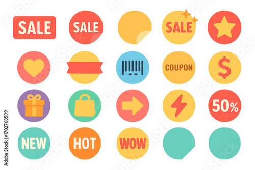 E-commerce and shopping flat icons set – sale, discount, retail symbols