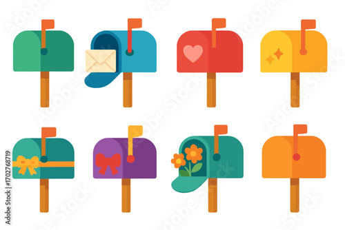 Postal service icons set – flat, filled, mailing and communication symbols