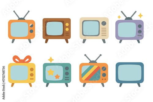 Retro television icon set – flat, filled, vintage and nostalgic tv symbols