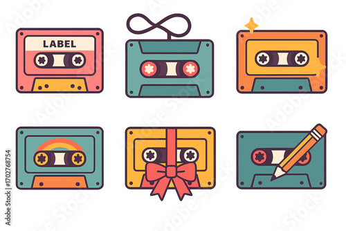 Retro music line icons set – outline, linear, cassette and vintage audio symbols