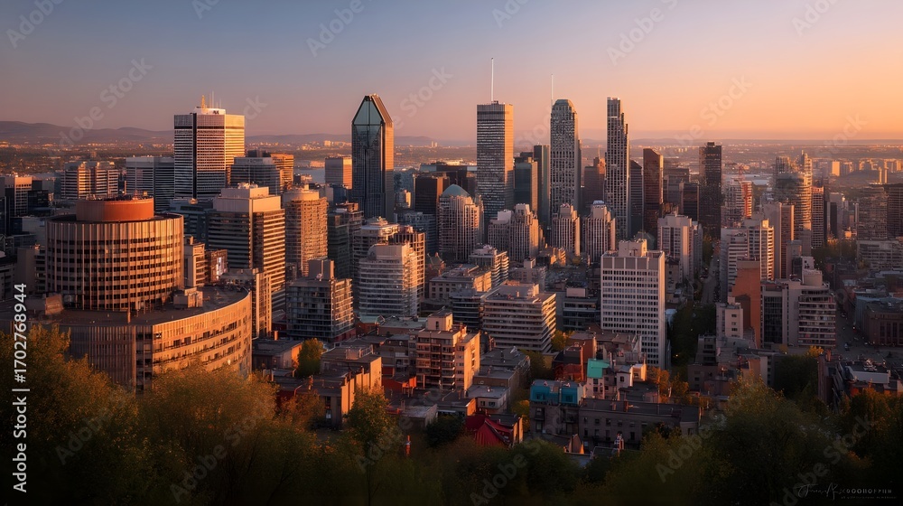 Obraz premium Skyline of a bustling city at sunset showcasing modern architecture and vibrant urban life