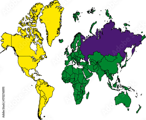 Vector World Map with Colored Continents and Regions