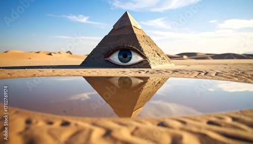 Pyramid with Eye Reflected in Desert Pool Landscape