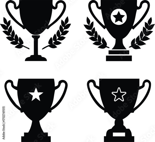 Four black trophy icons with laurel wreaths and stars on white background award winner