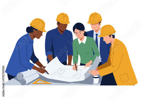 Team of Architects Reviewing Blueprint.