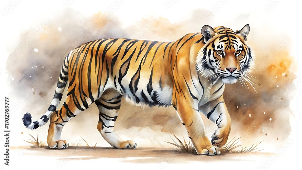 Fototapeta premium A majestic tiger strides forward with a determined gaze, its orange and black stripes contrasting against the soft, watercolor backdrop
