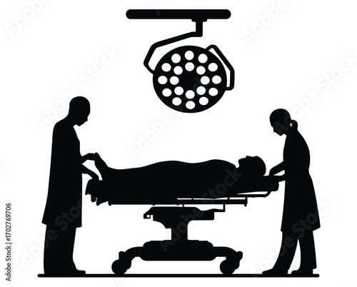 Medical professionals performing a surgery on a patient in an operating room with a surgical light