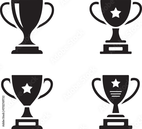 Four black trophy icons with stars and lines on white background award winner