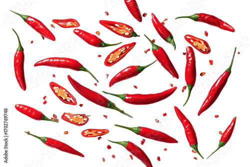 A vibrant display of chili peppers, scattered and overlapping, in a variety of whole and sliced forms against a stark black background. 