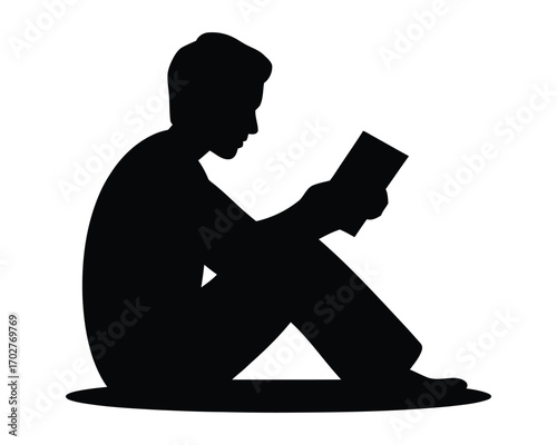 Black silhouette of a person, presumably male, sitting down and engrossed in reading a book, representing education, knowledge, and quiet contemplation