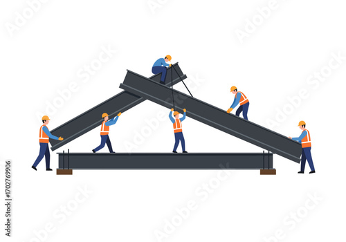 Construction Workers Lifting Steel Beams.