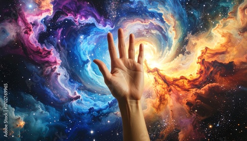 Reaching Hand with Colorful Galaxy Nebula Background