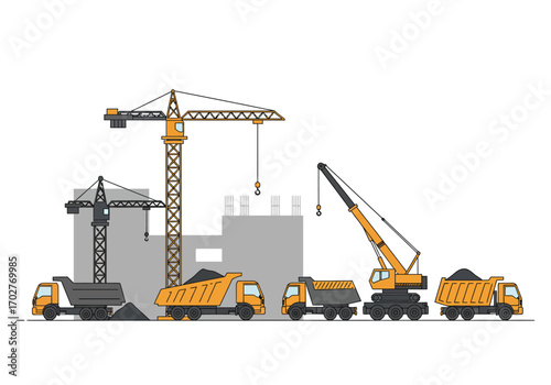 Construction Site with Cranes and Trucks.
