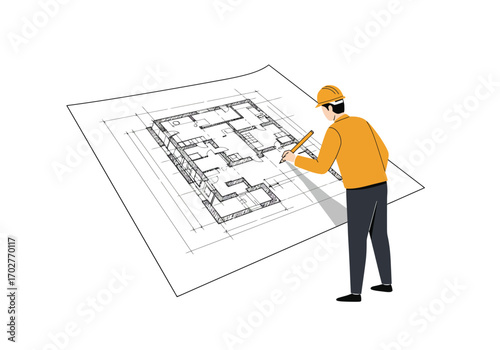 Architect carefully reviewing blueprints.