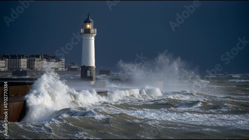 Powerful ocean waves crashing against seawall near lighthouse