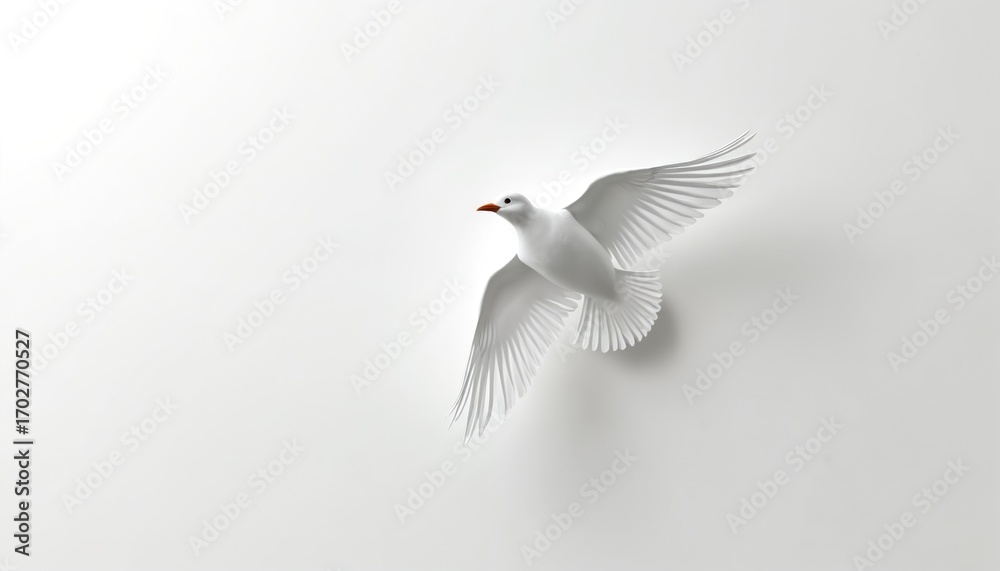 Obraz premium White paper bird in flight on minimalist background. Sculpture wings. Dove soars symbolizing freedom, peace. Elegant decoration with soft shadows. Creative art concept. Design element. Purity, hope.