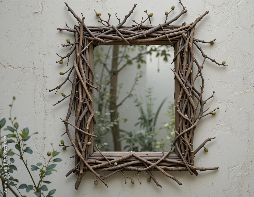 Fototapeta premium Rustic twig mirror with natural branches reflecting greenery and light