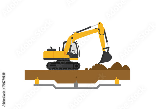 Excavator Digging Trench Foundation Construction.
