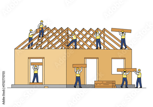 Construction Workers Building a House Frame.