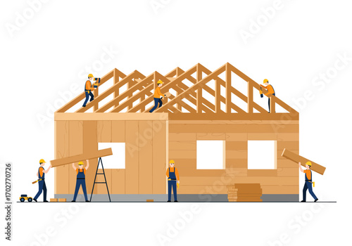 Construction Workers Building a House Frame.