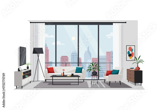 Modern city view living room interior design.