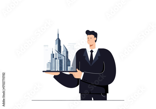 Businessman Presenting Cityscape Model.