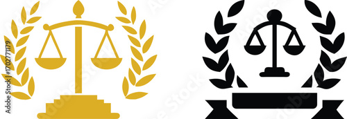 Golden and black scales of justice with laurel wreaths and ribbon graphic icons legal balance