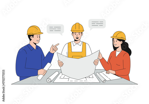 Team of Architects Reviewing Blueprint.
