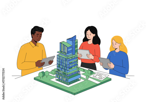 Team of Architects Reviewing Building Model.