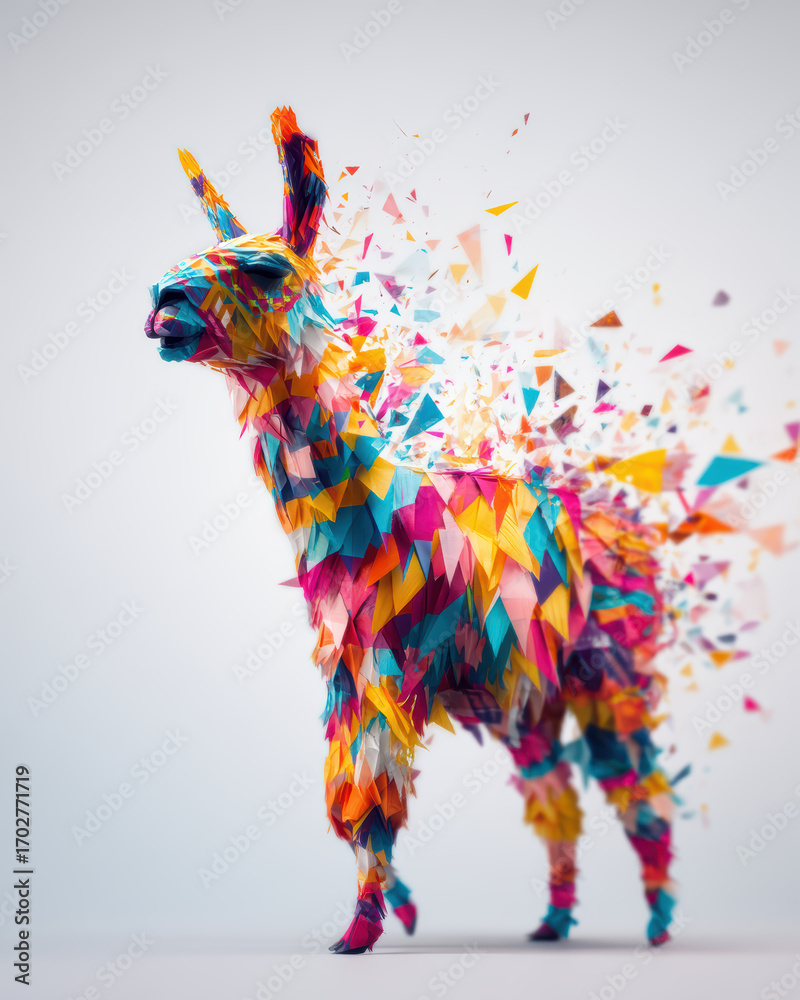 Obraz premium A vibrant, abstract representation of a llama composed of colorful geometric shapes, creating a dynamic visual effect.