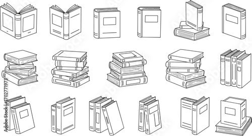 Black and white book icons, sketch style, open and closed books, stacked books, spine detail, vector illustration, educational, library, reading