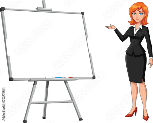 Businesswoman, presentation, blank whiteboard, professional attire, red heels, teaching, training, seminar, corporate, education, vector, cartoon, character, standing, gesture