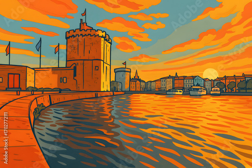 Illustration colorée du Vieux Port de La Rochelle au coucher de soleil