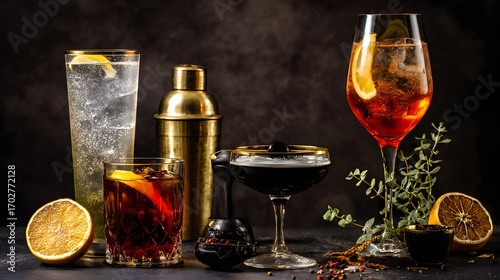 A variety of colorful cocktails on a dark background with lemon slices.