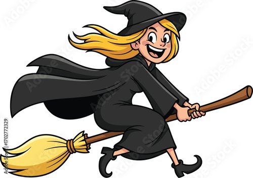 Cartoon witch flying on broomstick, Halloween character, magical girl, black hat, cloak, fantasy, smiling, spooky, vector, illustration, costume, enchanted, child, holiday, fun