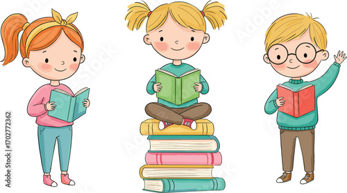 Children, reading, books, cartoon, illustration, education, learning, school, kids, study, library, colorful, happy, playful, knowledge, siblings, students, literacy, fun, stack