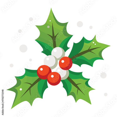 Festive holly sprig with red and white berries and snowflakes