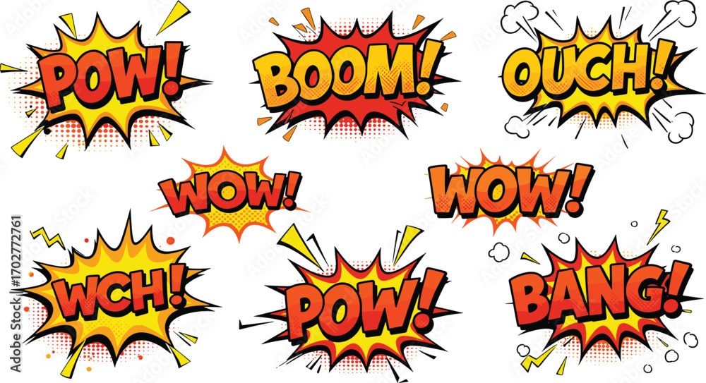 Fototapeta premium Comic, pop art, sound effects, explosion, action, boom, pow, bang, wow, ouch, wch, cartoon, graphic, colorful, dynamic, exclamation, burst, halftone, retro, impact