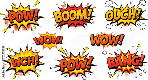 Comic, pop art, sound effects, explosion, action, boom, pow, bang, wow, ouch, wch, cartoon, graphic, colorful, dynamic, exclamation, burst, halftone, retro, impact