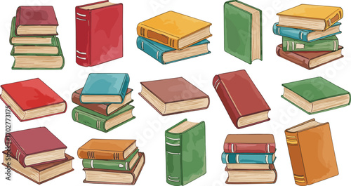 Hand-drawn, colorful, illustrated, books, stacked, leaning, flat, whimsical, artistic, vintage, reading, education, literature, library, learning, study, knowledge, school, storytelling, collection