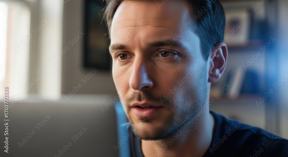 Obraz premium Focused and Engaged: A man working on computer, his expression reflects deep concentration.