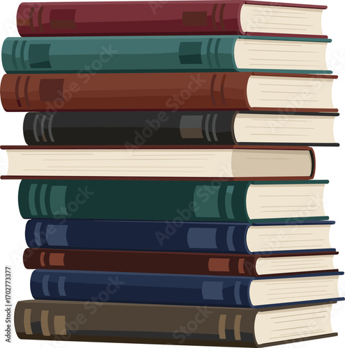 Stack of colorful hardcover books, vertical arrangement, realistic shading, educational theme, book spine detail, vector illustration, reading, literature, study