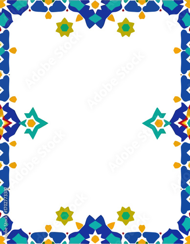 Intricate Traditional Moroccan Zellij Mosaic Border Pattern. Islamic Geometric Art Tile Design in Cobalt Blue, Emerald Green, and White.