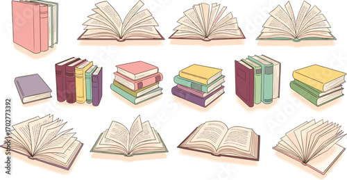 Pastel book illustrations, cartoon style, open and closed books, stacked books, colorful covers, soft aesthetic, hand drawn, vector set