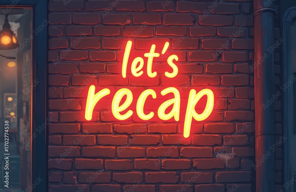 Fototapeta premium Bright yellow neon sign reads let recap against textured brick wall. Sign emits warm glow, ideal for intros, summaries, end-of-year reviews. Modern design with retro feel perfect for presentations,