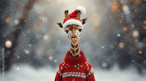 Whimsical portrait of a giraffe wearing a Santa hat and red Christmas sweater standing in falling snow, festive winter holiday animal illustration with cozy atmosphere and magical seasonal charm