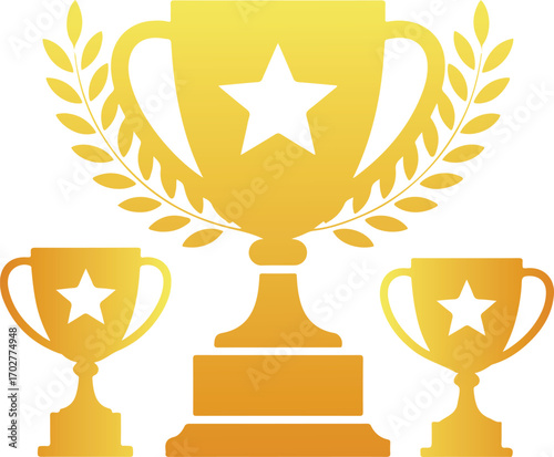Three golden trophy cups with laurel branches and stars on white award