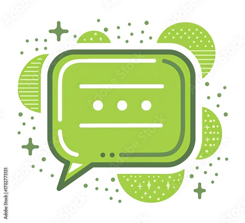 A light green speech bubble with three lines of dots inside, surrounded by various abstract shapes and sparkles on a white background