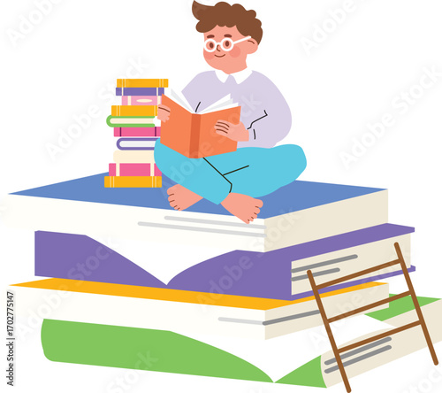 Boy Reading a Book with Glasses, Surrounded by Books