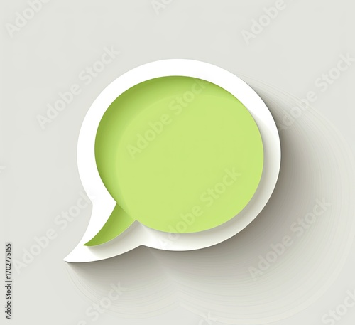 A light green speech bubble with a white border and drop shadow, set against a neutral gray background, designed in a minimalist style